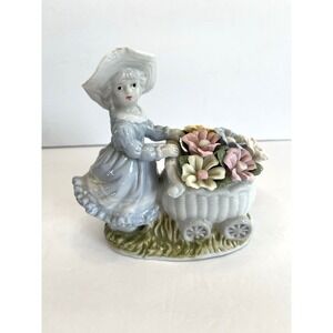 Vintage style figurine country lady pushing flowers‎ wagon cart